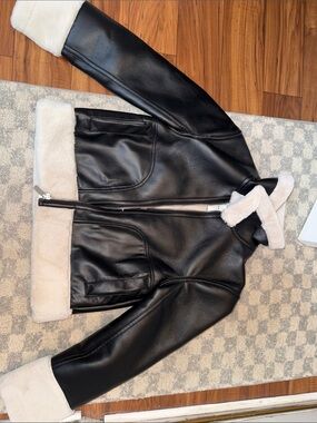 bagatelle Black Faux Leather Jacket with Cream Shearling Trim